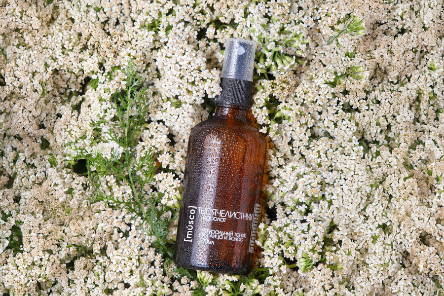 Гидролат тысячелистника в коричневом стеклянном флаконе на фоне свежих соцветий тысячелистника