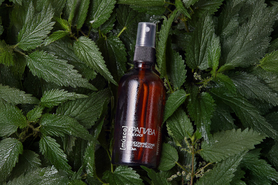 Гидролат крапивы в коричневом стеклянном флаконе на фоне свежих листьев крапивы