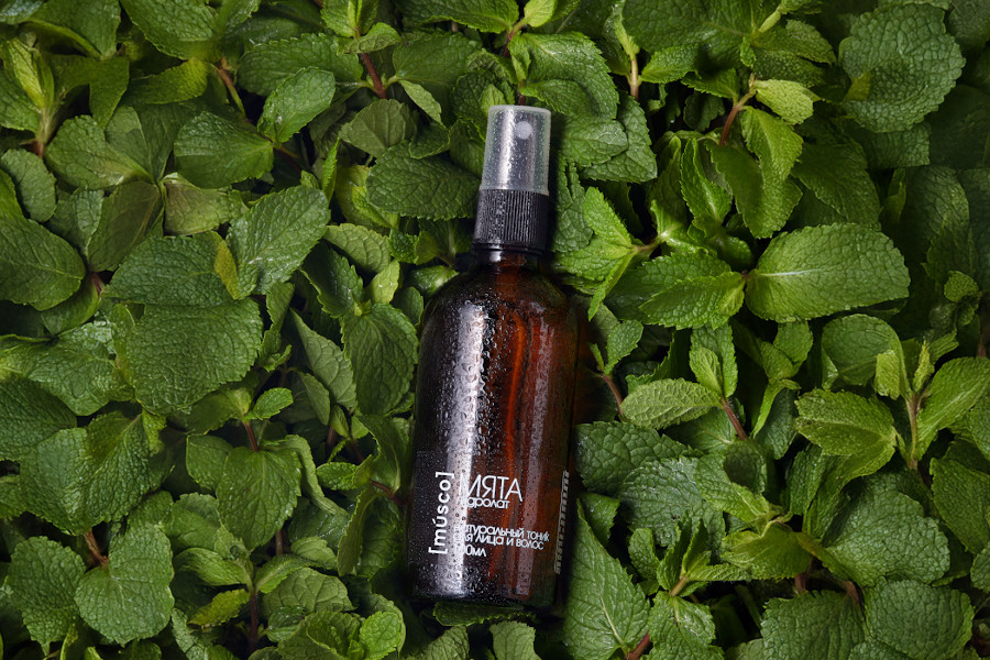 Гидролат мяты в коричневом стеклянном флаконе на фоне свежих листьев мяты